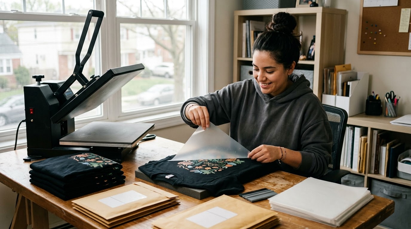 Small business owner peeling a DTF transfer off a t-shirt next to a heat press at home