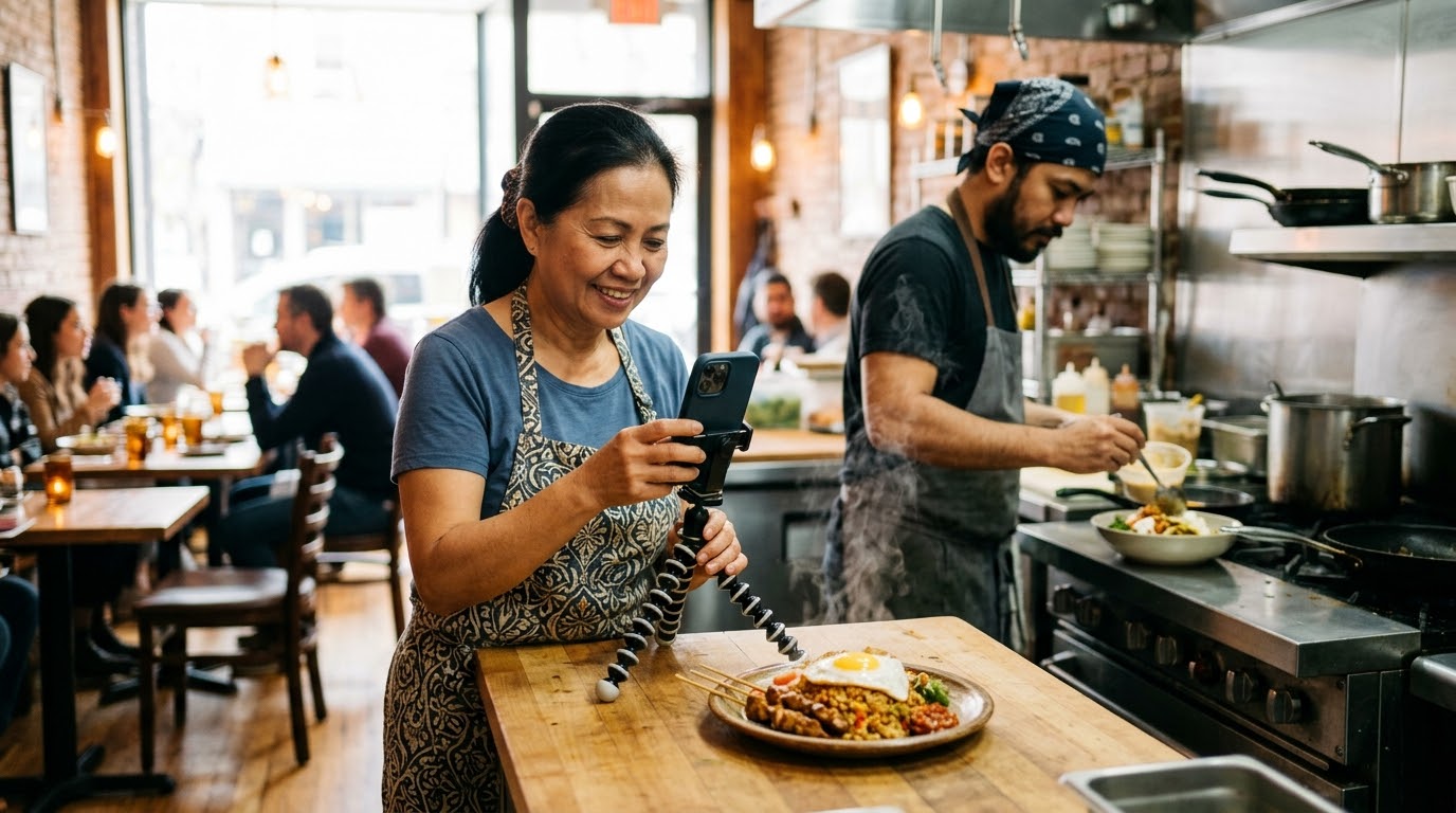 Restaurant owner filming a plate of food with her phone in a bright Queens kitchen